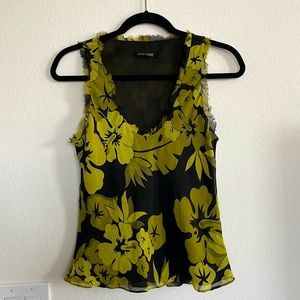 Anne Klein Green and Black Lined 100% Silk Tank Top Summer Tropical Dark Floral